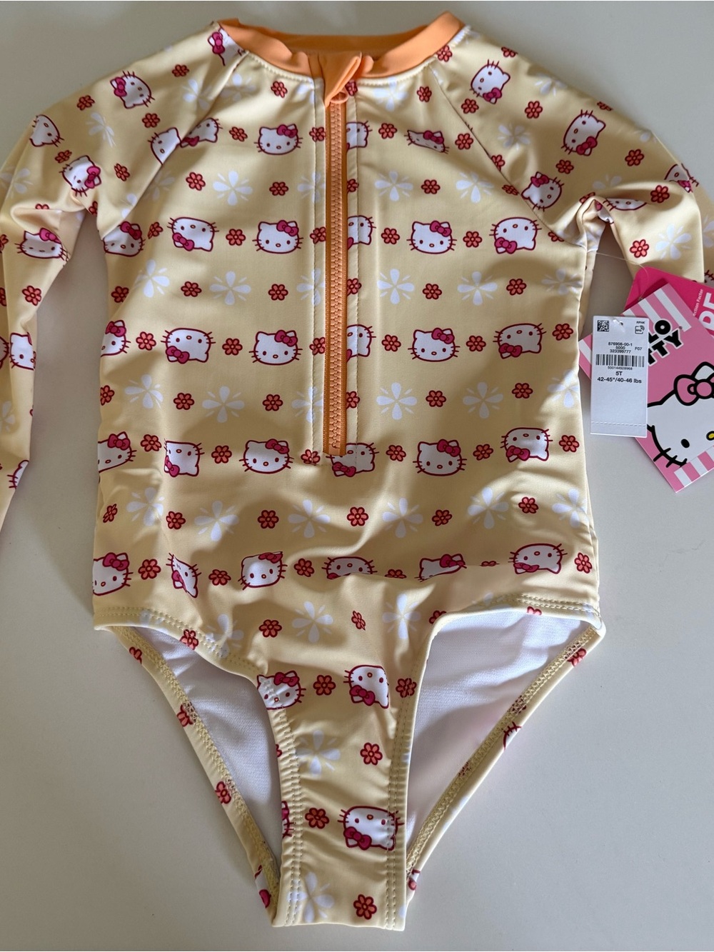 Old Navy Yellow and Pink Hello Kitty Long-Sleeve One-Piece Swimsuit
